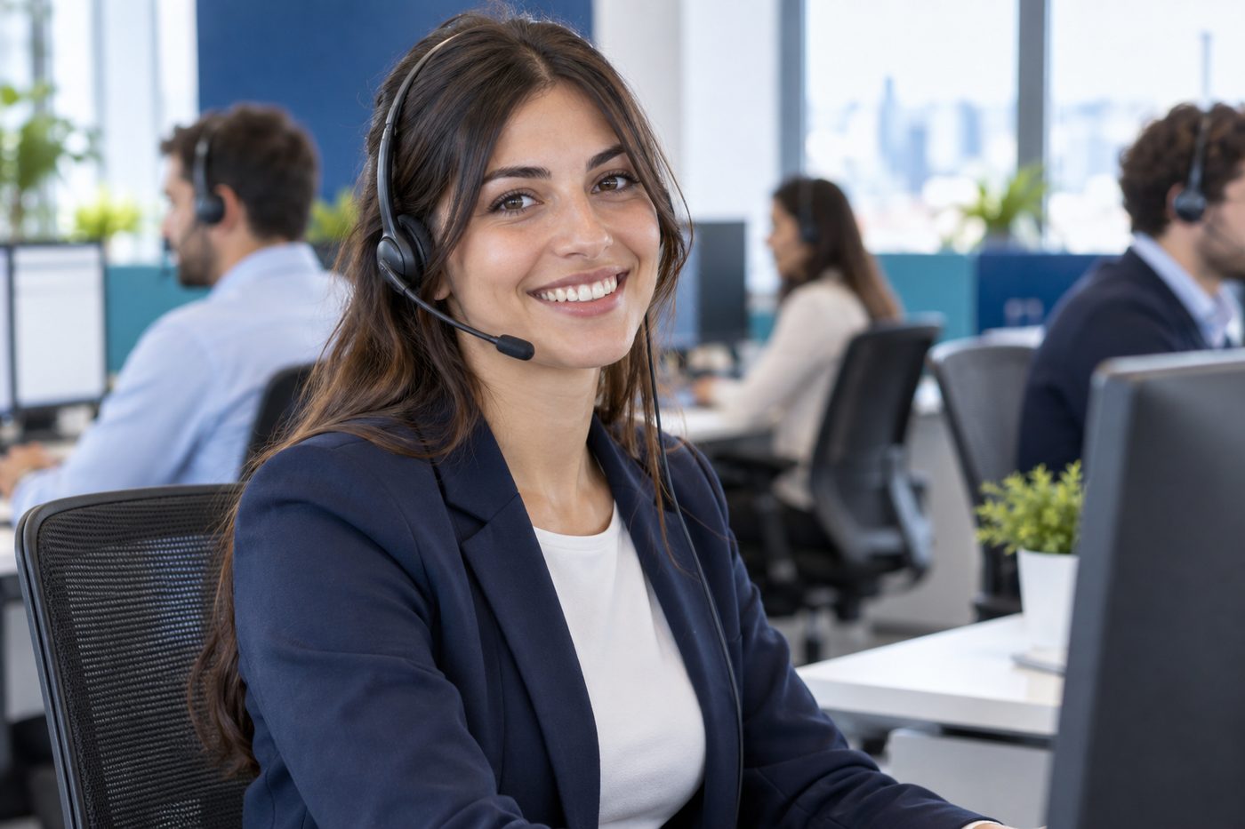 Operatrice del servizio clienti sorridente con cuffie in ufficio