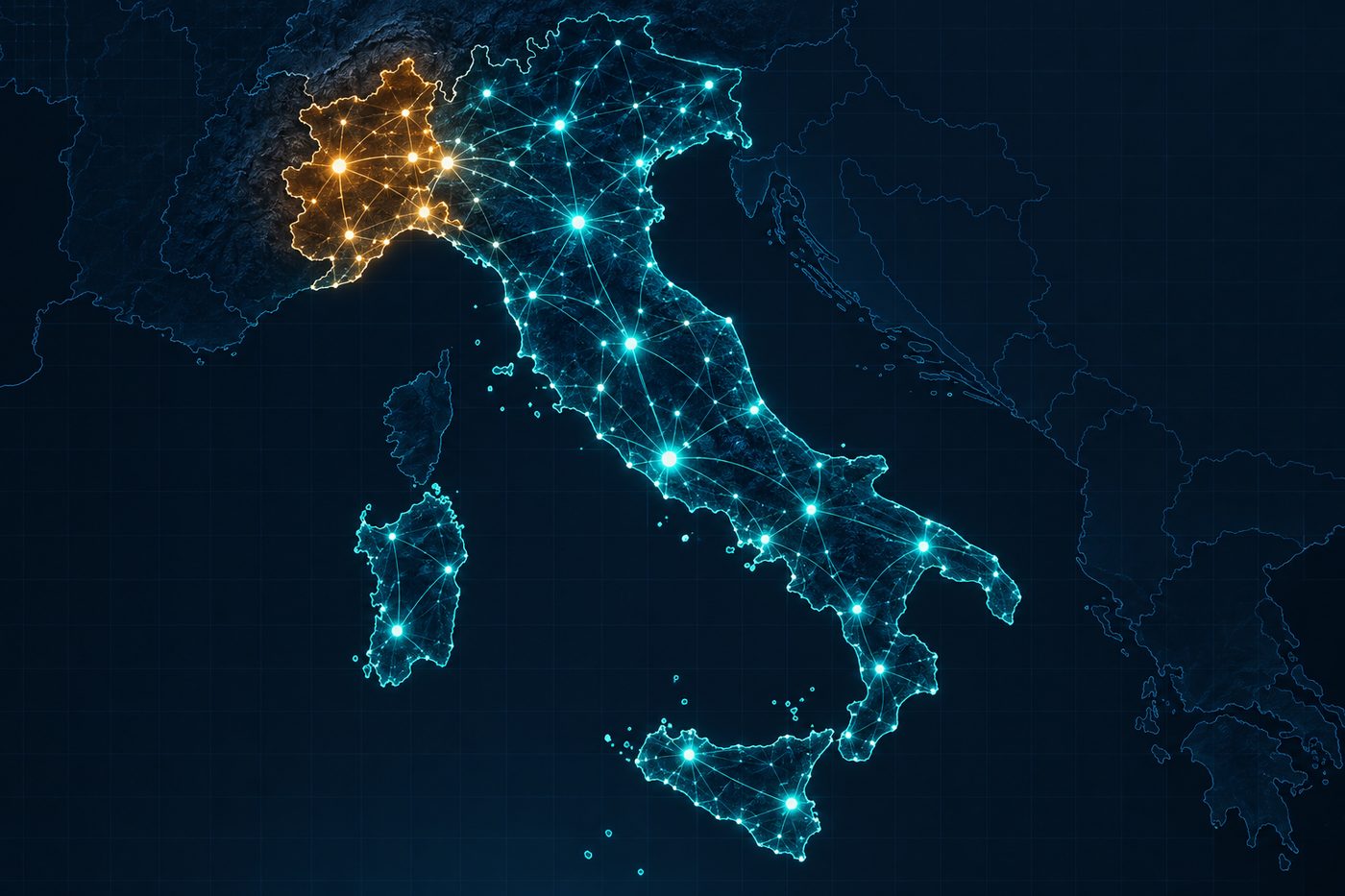 Mappa luminosa della rete italiana con il Piemonte evidenziato