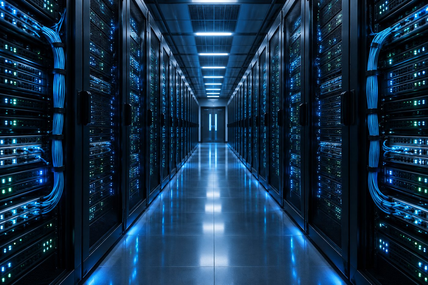 Corridoio di un data center con armadi di rete illuminati