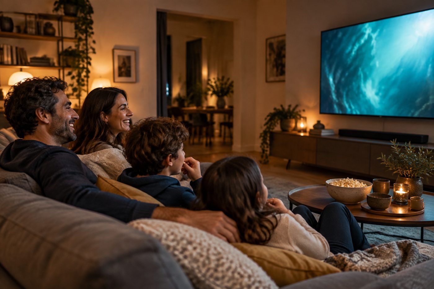 Famiglia che guarda un film in streaming sul divano di casa