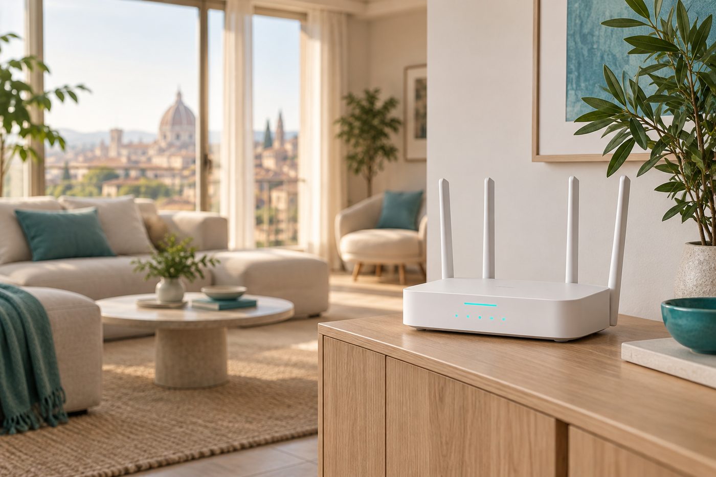 Router Wi-Fi 6 installato nel soggiorno di un appartamento italiano
