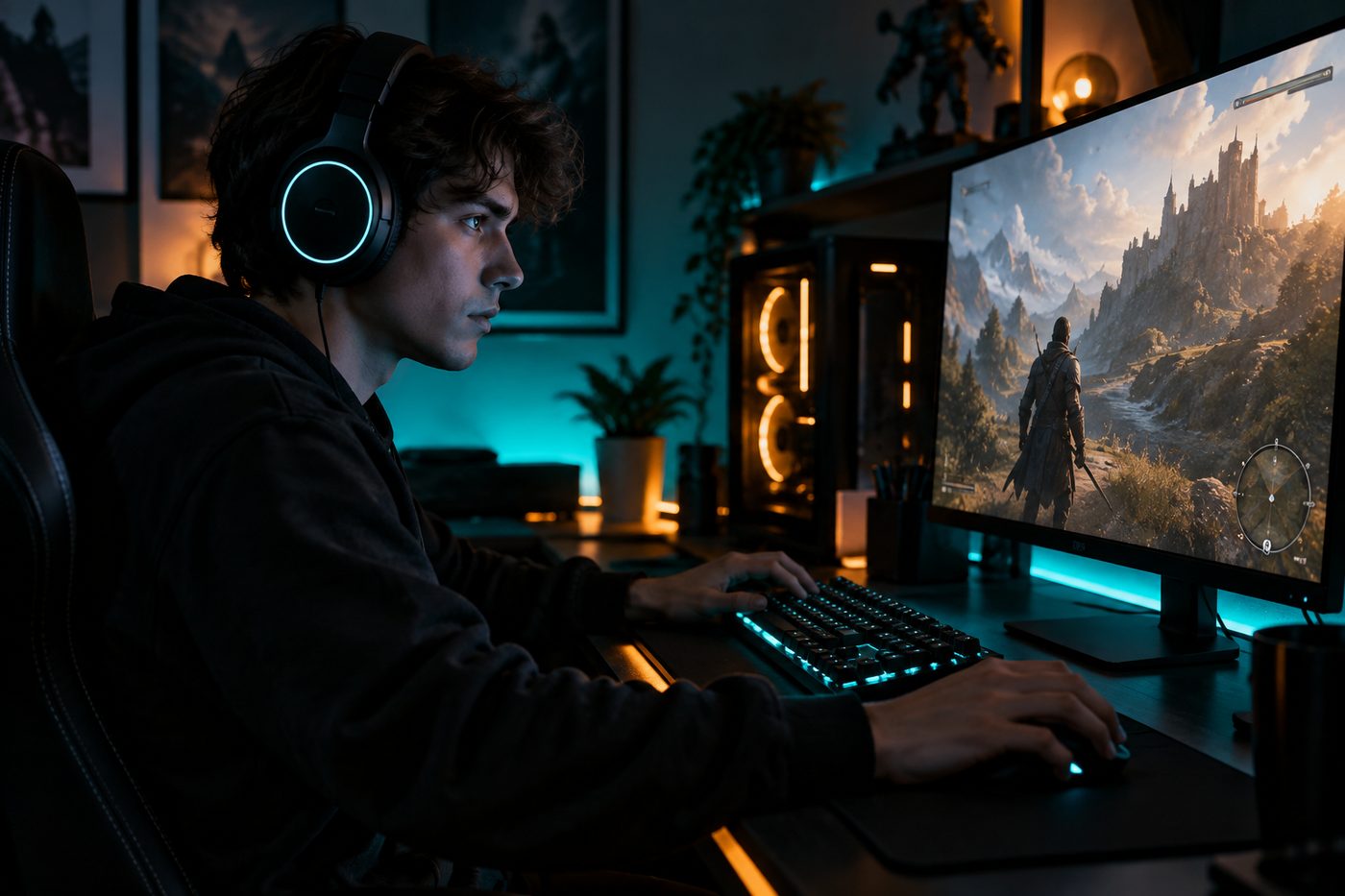 Postazione da gioco con illuminazione colorata e monitor acceso