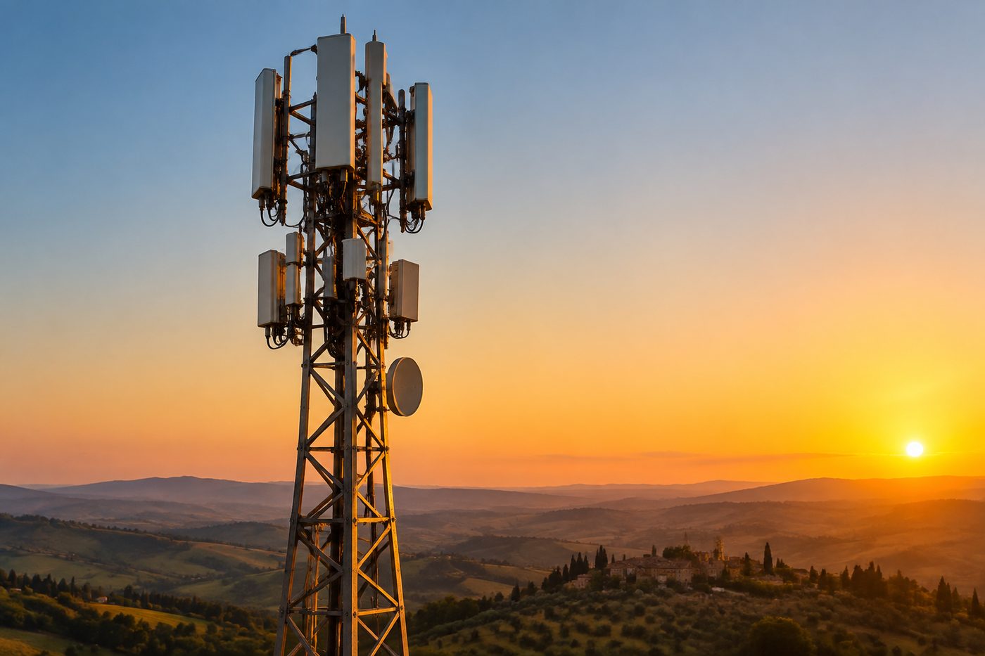 Antenna per rete mobile 5G al tramonto sopra la citta