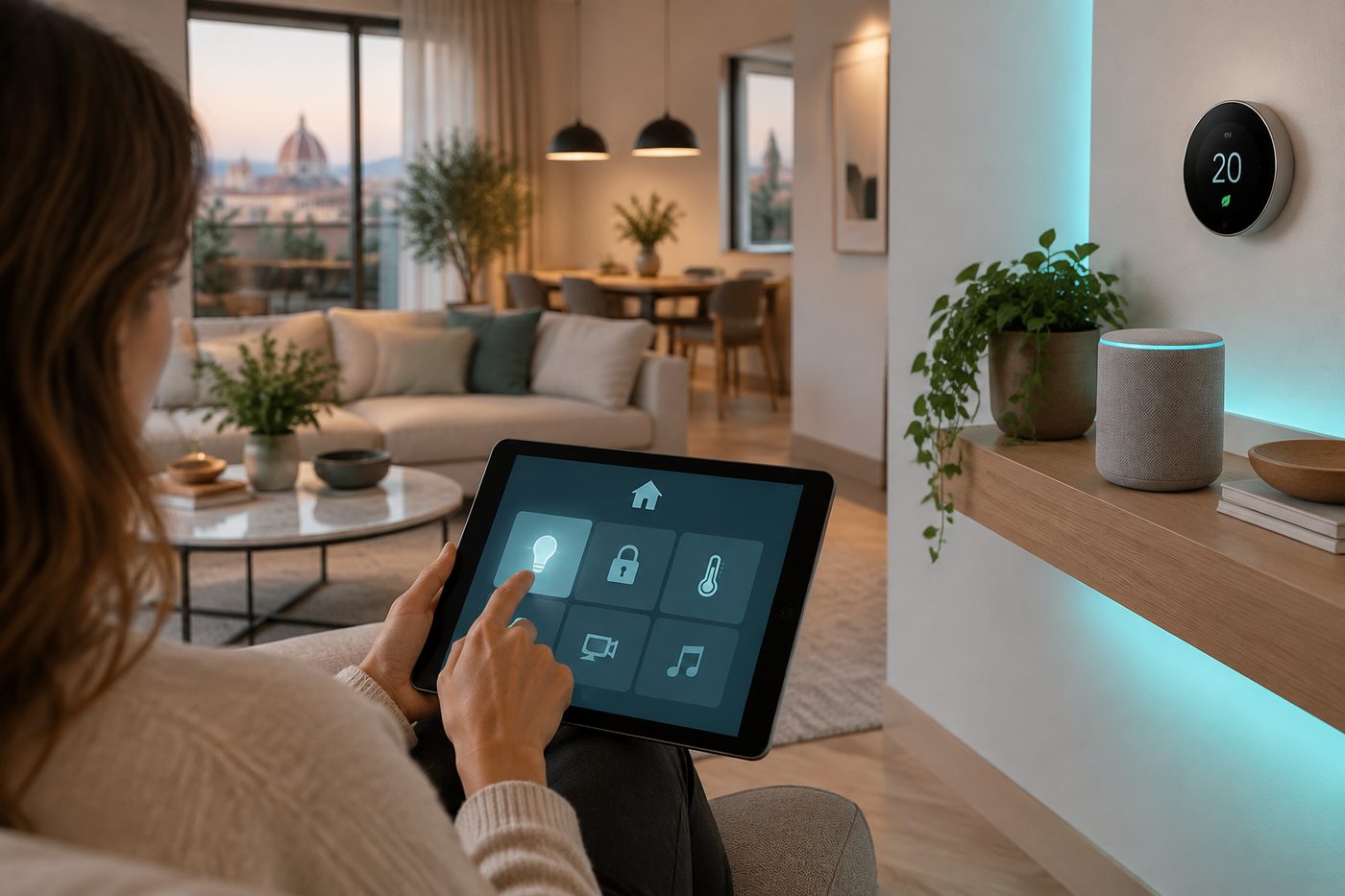 Tablet che controlla i dispositivi smart home di un appartamento