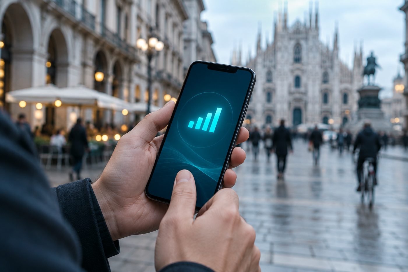 Mani che tengono uno smartphone connesso in un centro urbano italiano