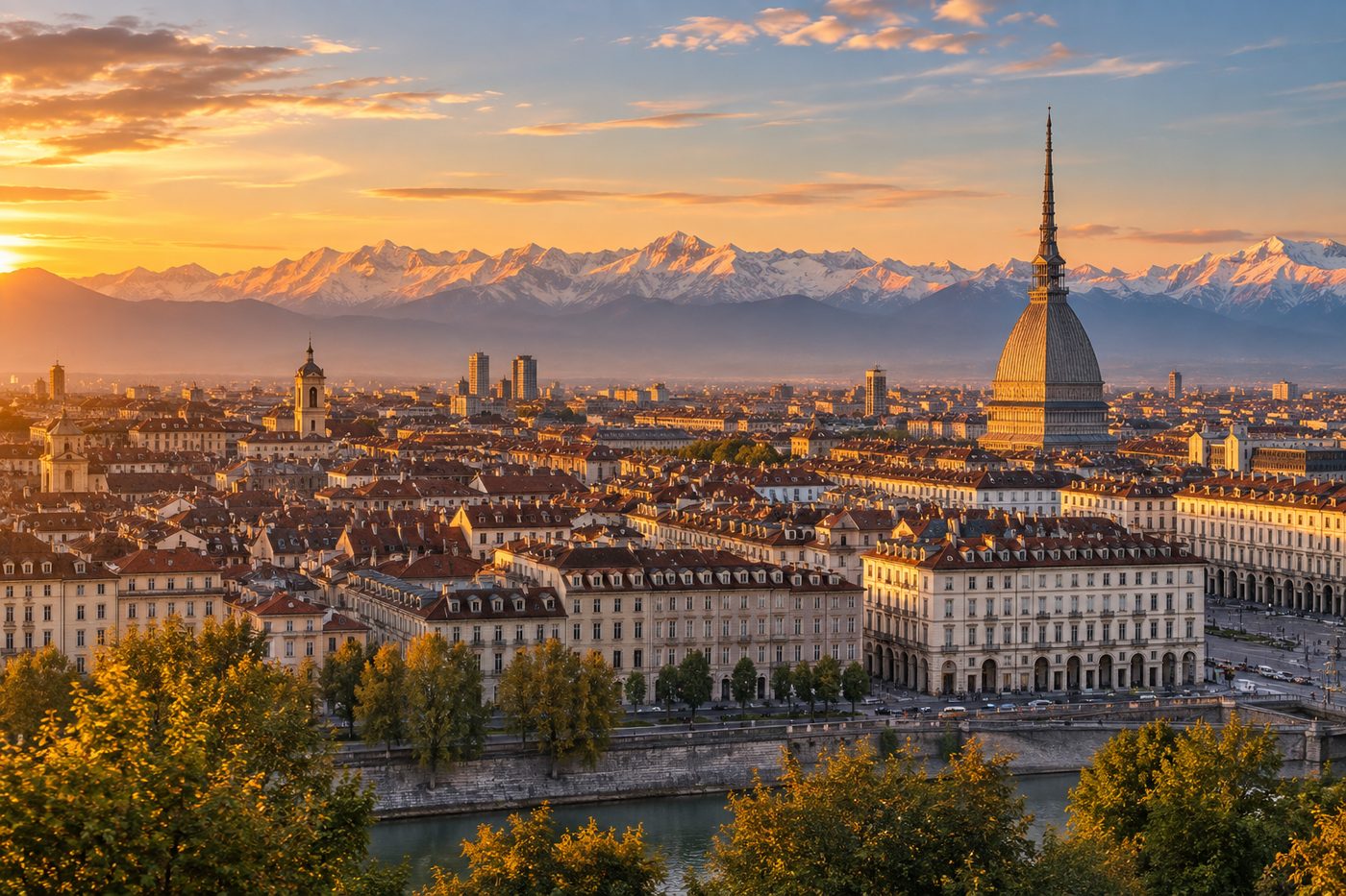 Panorama della citta di Torino alla luce del tramonto